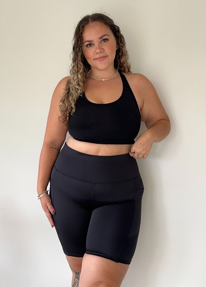 Recycled High Waisted Bike Shorts with Phone Pockets