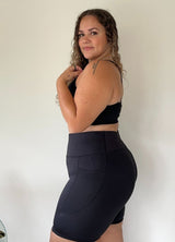 Recycled High Waisted Bike Shorts with Phone Pockets