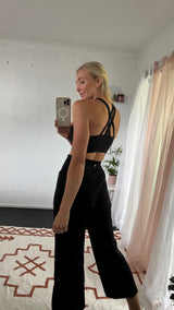 Black Active Set — Wide-Leg Pants + Strappy Sports Bra