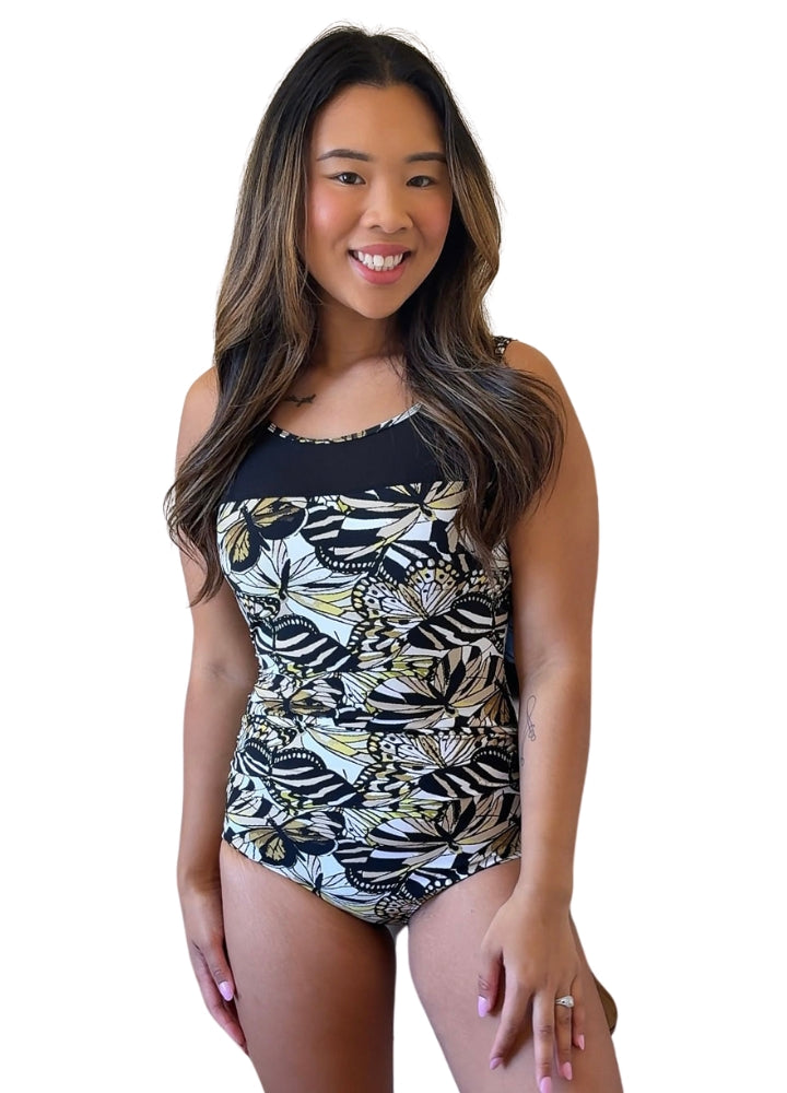Chlorine Resistant One Piece Swimsuit Mesh Yoke Butterfly