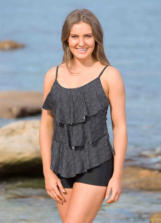 White Ruffle Tankini Spot Tiered Ruffle Tankini Swimwear – lasculpte